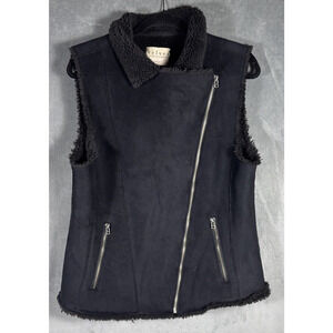 VELVET BY GRAHAM & SPENCER Black Faux Fur Suede Vest Jacket Zip Pockets Sz LARGE